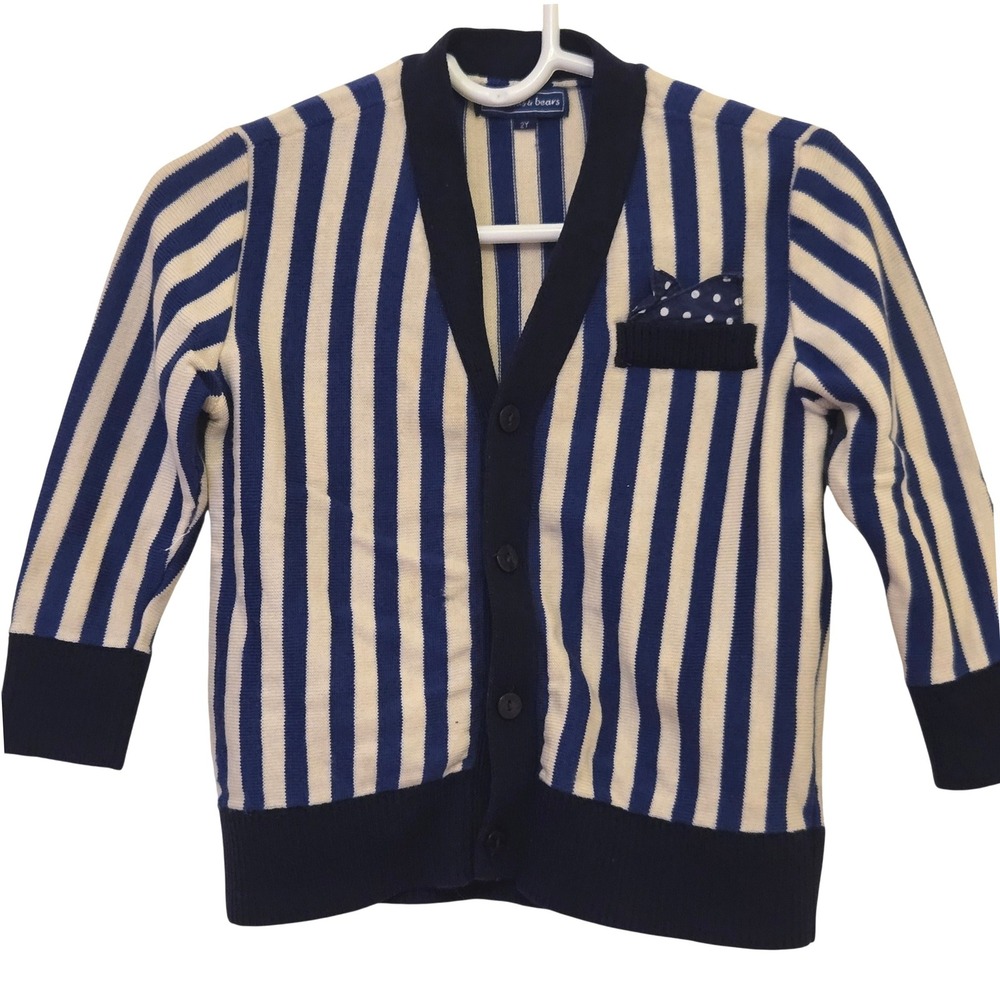 Nicholas & Bears Boys Striped Lambswool‎ Cardigan Sweater Navy Cream 2Y